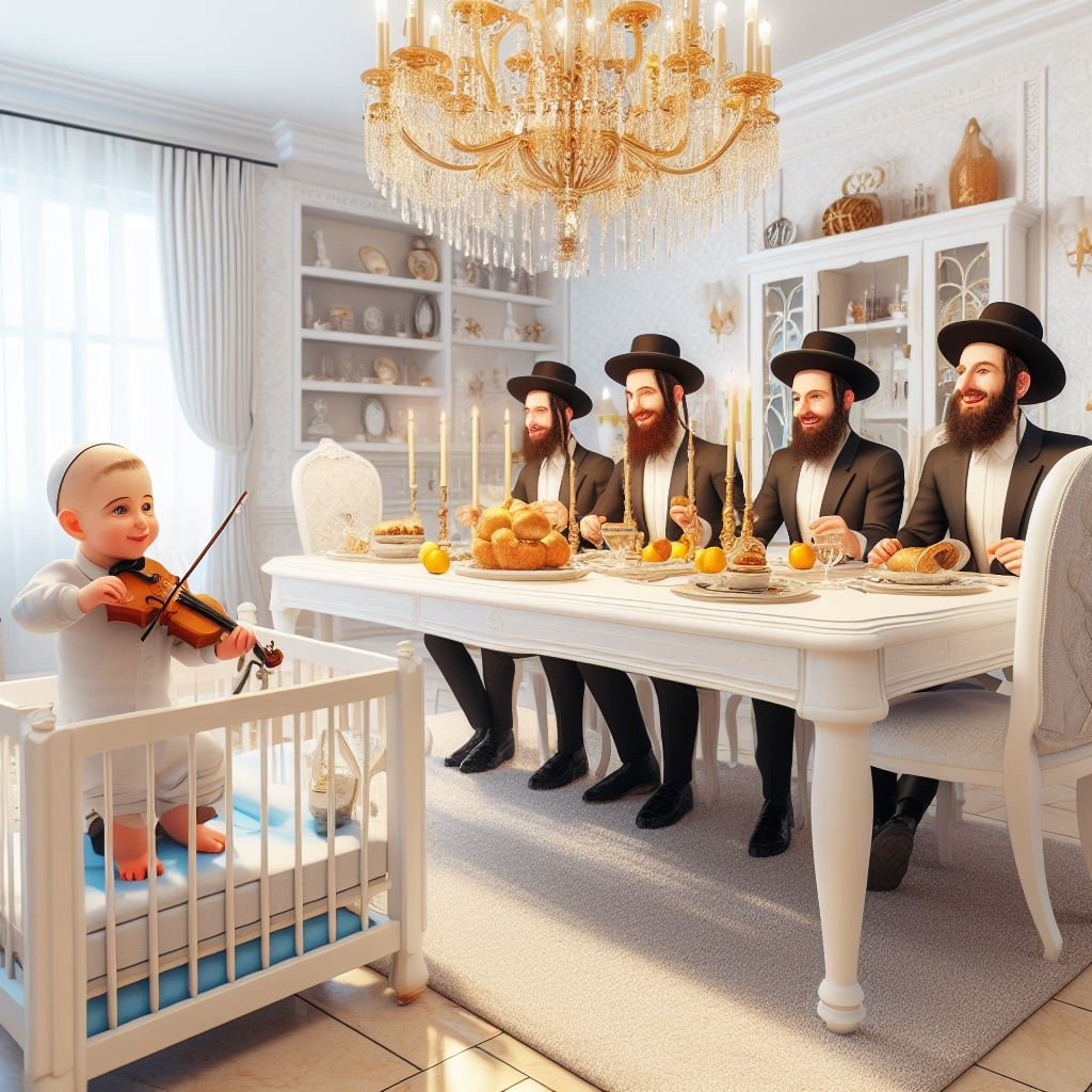 A baby touches the mocsa on Shabbat