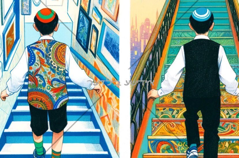 A picture divided into two children going up the stairs