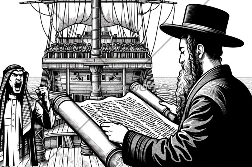 I want a picture in black and white OUTLINE A Gentile yelling at a Jew reading the scroll on a ship