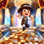 A boy jumps on gold coins